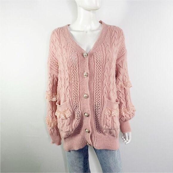 ROMWE Sweaters - Romwe Kawaii Pink Cable Knit Lace Pearl Button Down Sweater Cardigan S